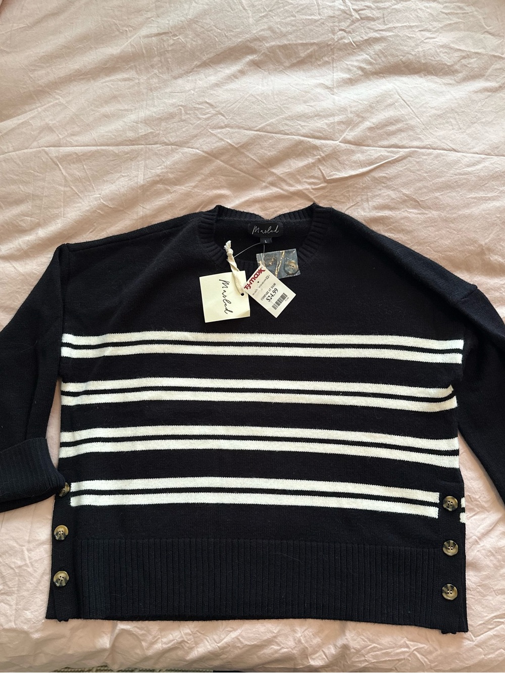 MARBLE Black & White Striped Crewneck Sweater with Side Buttons